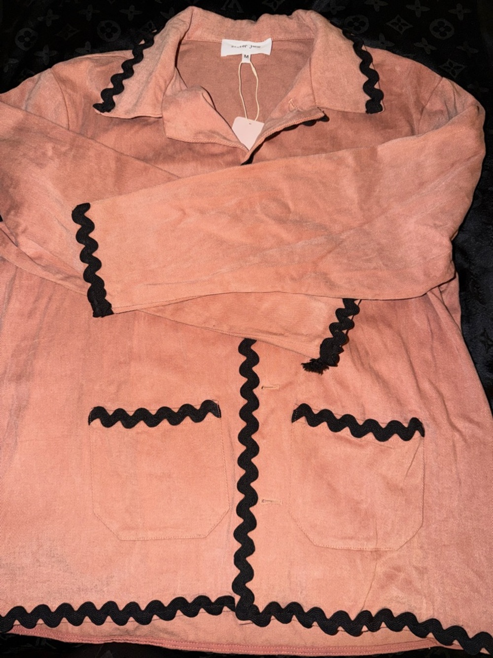 Sister Jane Dusty Pink Jacket with Black Ric-Rac Trim